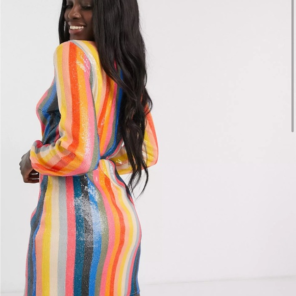 Rainbow Sequin Multicolor Striped Long Sleeve Dress - Picture 3 of 5
